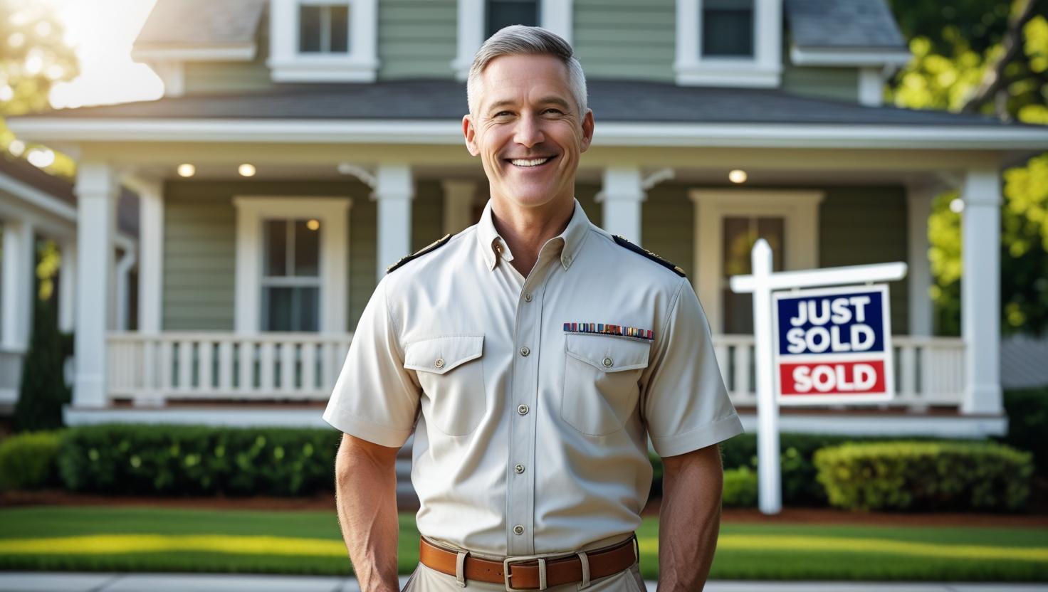 Smiling Wisconsin veteran family standing in front of new home with American flag, using VA loan.