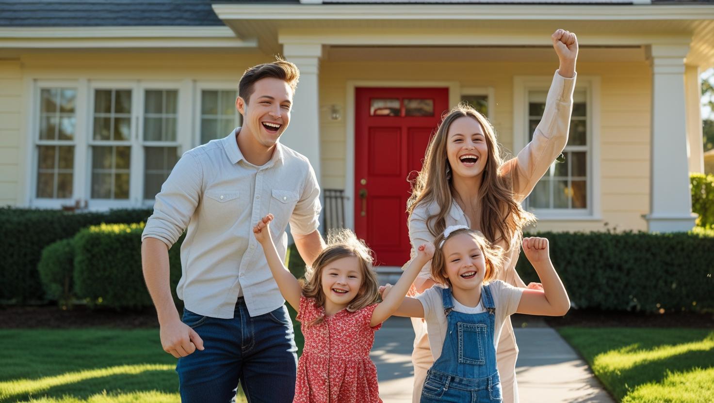 Young Wisconsin family celebrating in front of their new home after first-time homebuyer approval.