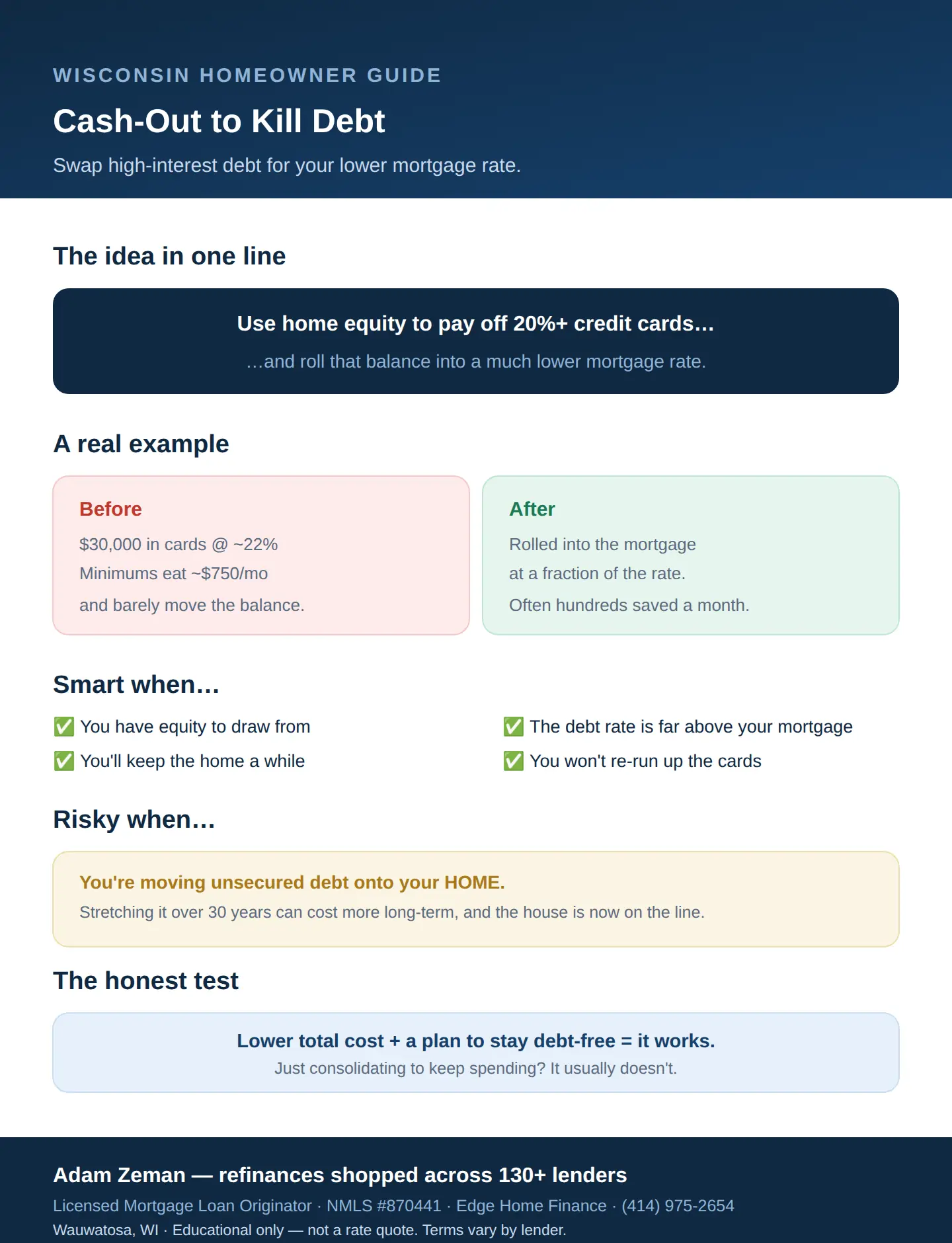 Cash-out refinance to pay off debt in Wisconsin: trade high-interest cards for a lower mortgage rate, with a real example