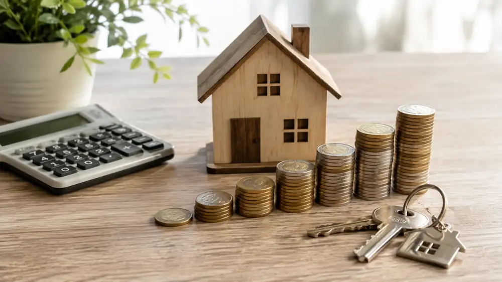 A wooden house model with rising coin stacks, a calculator, and keys — the true monthly cost of owning a home in Wisconsin