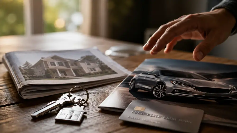 House keys and mortgage papers beside a car brochure and credit card — a reminder not to make big purchases before closing