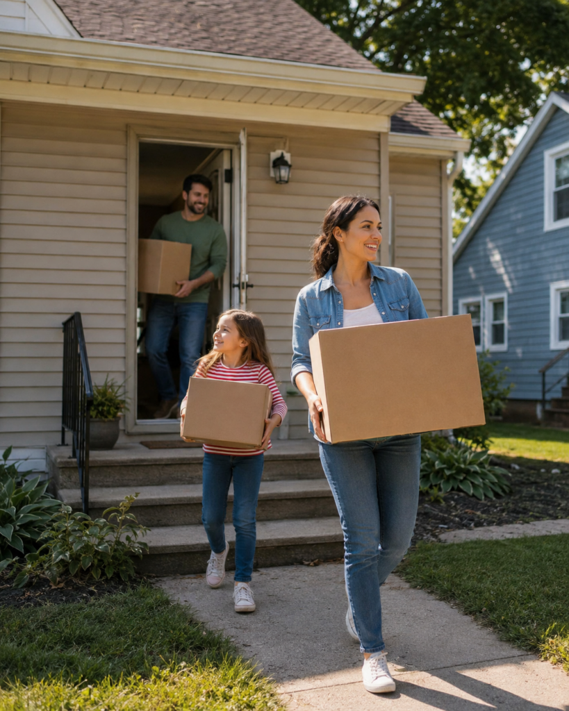 A family carries moving boxes into their newly built, modest suburban Wisconsin home after financing the build with a one-time close construction loan.