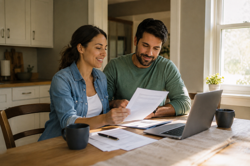 A couple reviews their finances and mortgage paperwork at their kitchen table, hopeful about buying a home again after bankruptcy in Wisconsin.