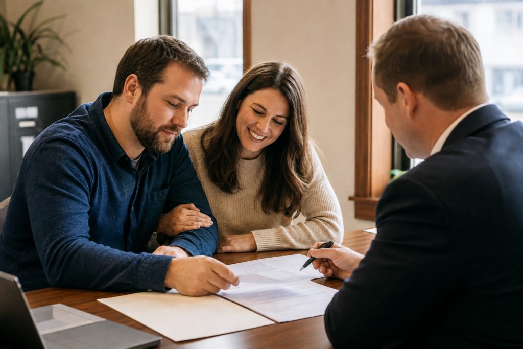 A couple reviews mortgage options with a loan officer at a desk in a bright Wisconsin office.