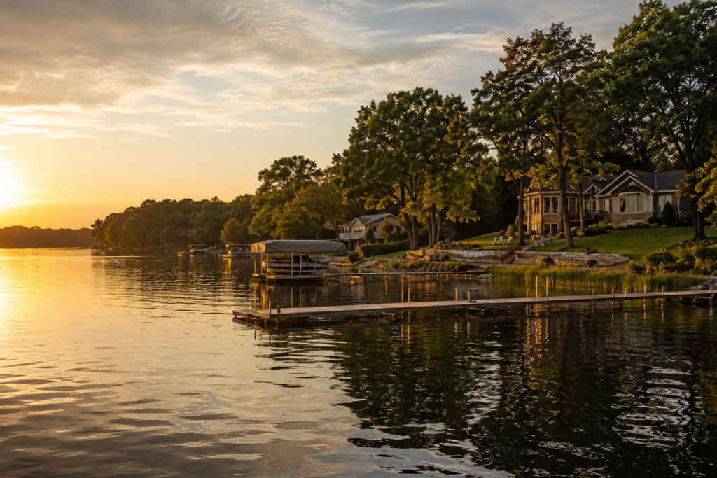 A Lake Country, Wisconsin lake at golden hour with lakefront homes and piers.