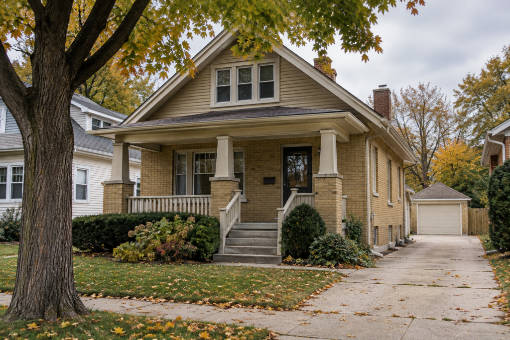 Brick bungalow with a front porch and fall trees on a quiet Wisconsin street