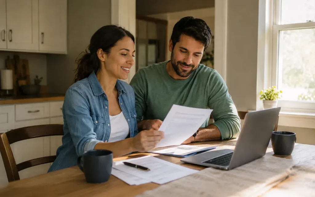 Couple at their kitchen table reviewing household paperwork and a laptop